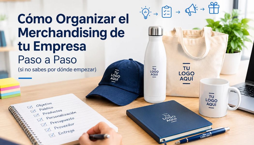 Productos de merchandising personalizado para empresas, como botellas, bolsas de tela, gorras, tazas y libretas, junto a una lista de planificación para organizar una campaña promocional.