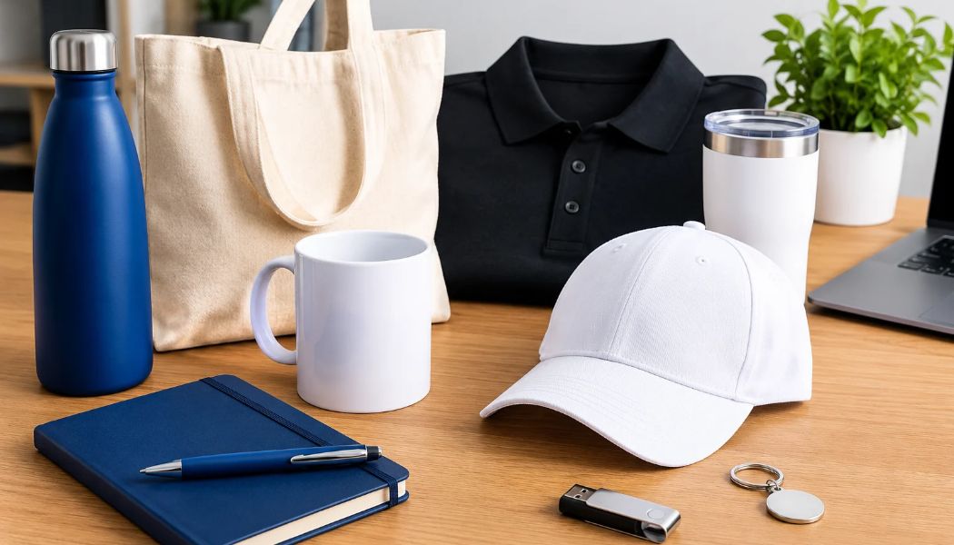 Artículos de merchandising personalizado para empresas en España, incluyendo botellas, tazas, bolsas de tela, gorras y ropa corporativa.