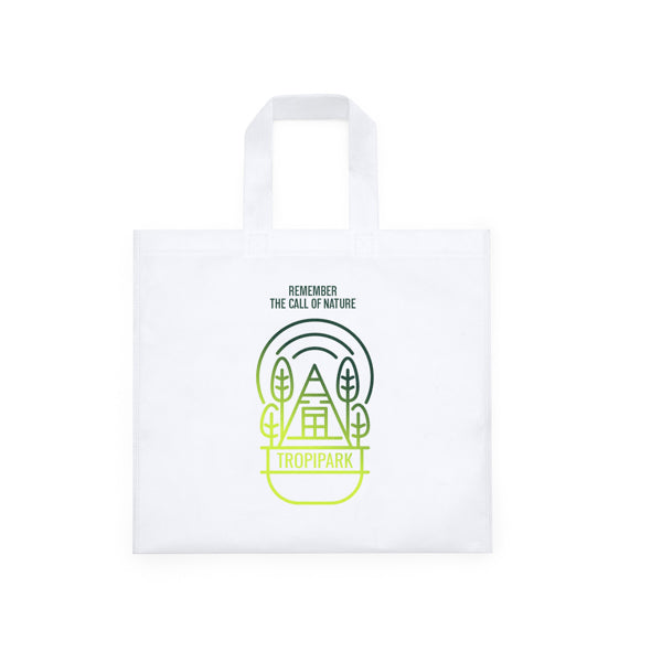 Detalle de la bolsa de non woven con asas reforzadas paku en color blanco