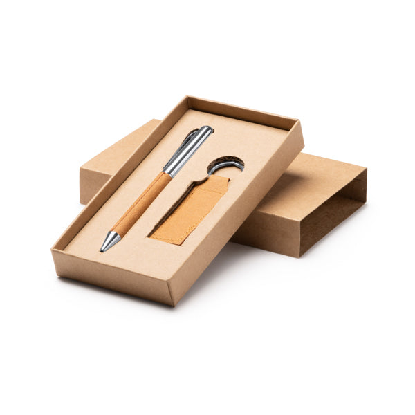 Set de bolígrafo y llavero de piel reciclada Fez