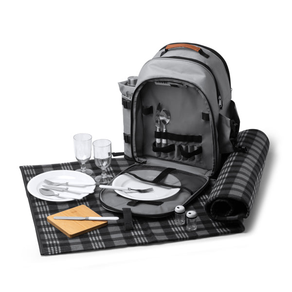 Detalle de la mochila de picnic con accesorios garten en color gris