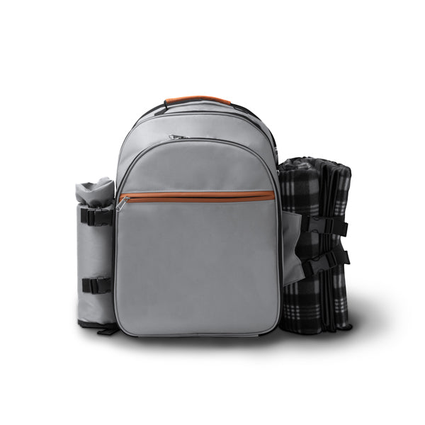 Detalle de la mochila de picnic con accesorios garten en color gris