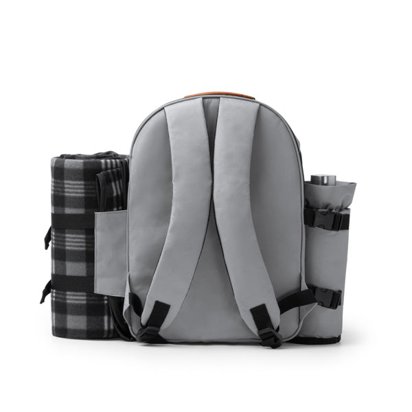 Detalle de la mochila de picnic con accesorios garten en color gris