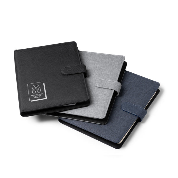 Detalle del bloc extraible de la carpeta A5 azul denim personalizada