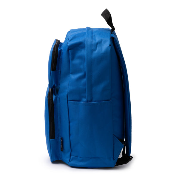 Detalle de la mochila de rpet con doble bolsillo frontal hostik en color royal