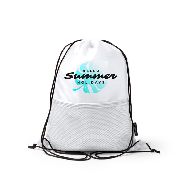 Detalle de la mochila de cuerdas con bolsillo acolchado milak en color blanco
