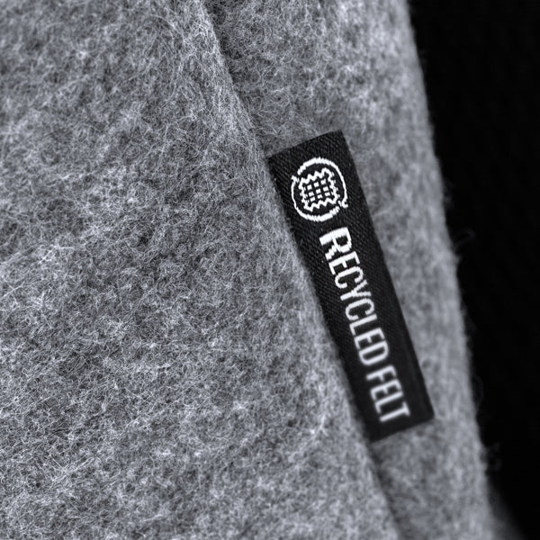Detalle de la mochila de fieltro reciclado con solapa taipei en color gris