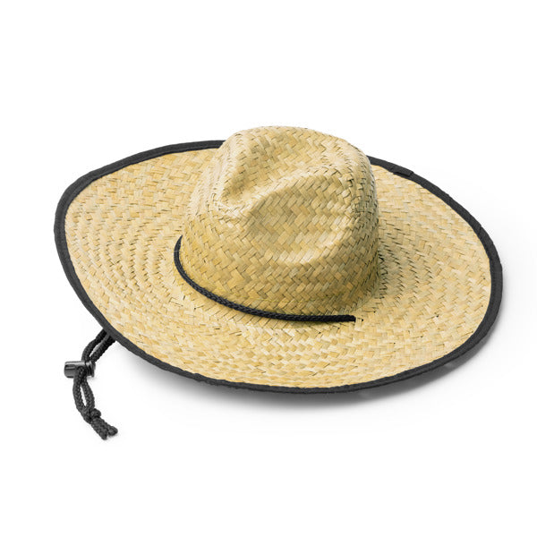 Detalle del sombrero de paja con cordon ajustable mundak en color negro