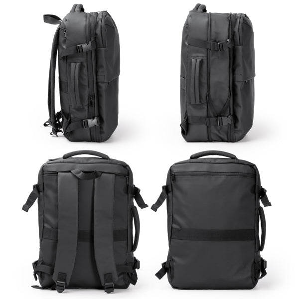 Detalle de la mochila extensible con compresion al vacio soplex en color negro