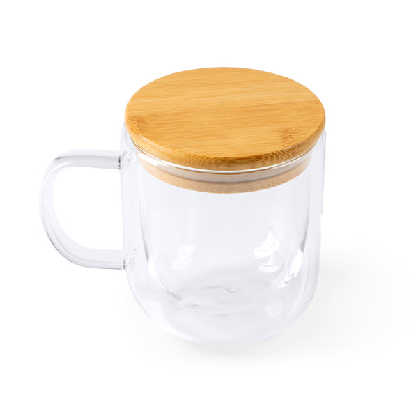Taza de cristal de doble pared con tapa de bambú 280 ml Indal TZ3998