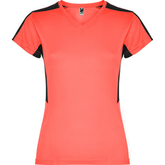 Camiseta Suzuka CA6657 Mujer Coral Fluor/Negro personalizable con bordado, serigrafia y DTF | LogoLider