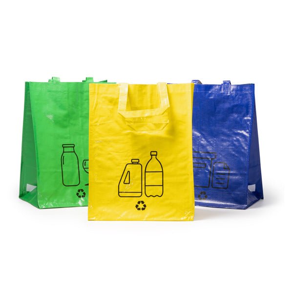 Detalle del set de tres bolsas de reciclaje volga en color verde y azul y amarillo