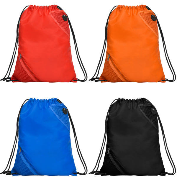 Detalle de la mochila de cuerdas con bolsillo frontal cuanca en color rojo