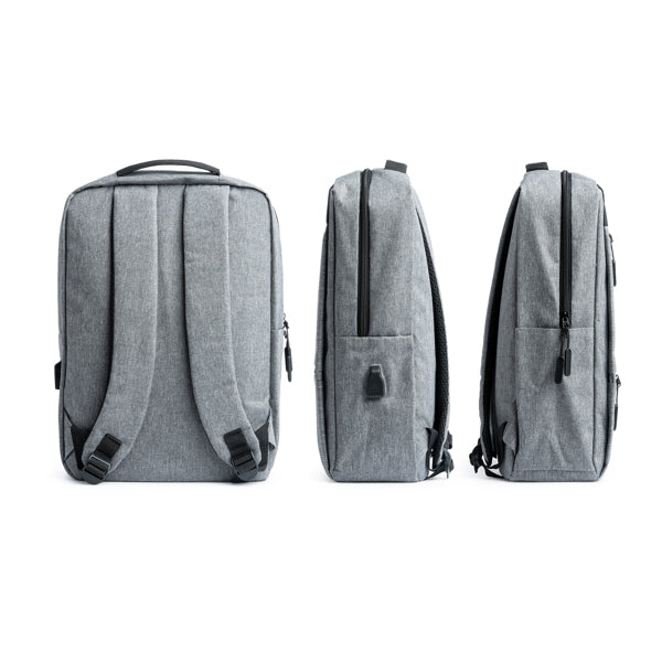 Detalle de la mochila promocional con salida usb narvik en color gris vigore