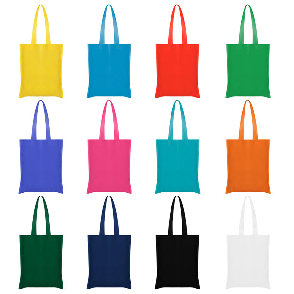Detalle de la bolsa de non woven con asas largas crest en color amarillo