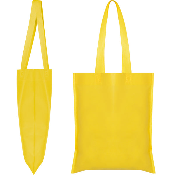Detalle de la bolsa de non woven con asas largas crest en color amarillo
