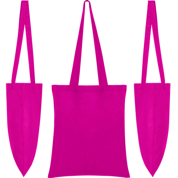 Detalle de la bolsa de algodon a color con asa de cinta mountain en color roseton