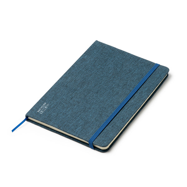 Detalle de la libreta de tejido RPET azul denim personalizada