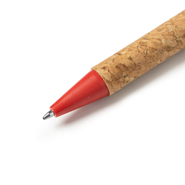 Detalle del boligrafo de corcho rojo personalizado Comper